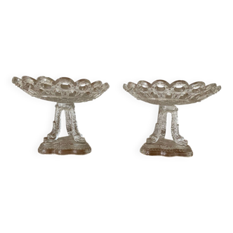 Antique pair of crystal cup drageoirs with tripod fish foot, 19th century vintage
