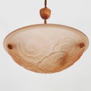 Antique chandelier, Art Deco floral basin pendant light 1 light, in pink glass paste. 1930s