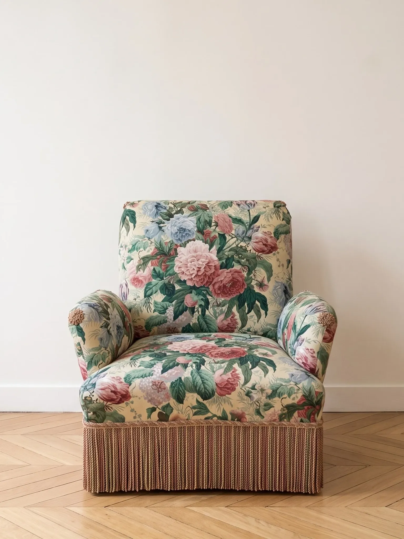 Set of 2 Napoleon III armchairs and footstool, floral fabric