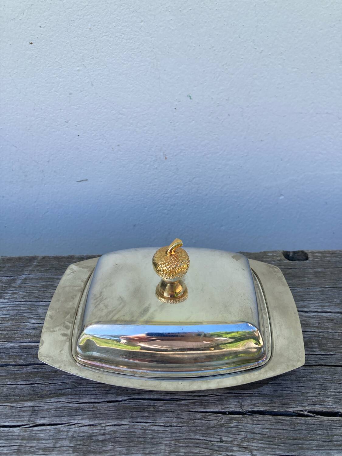 Acorn silver metal butter dish
