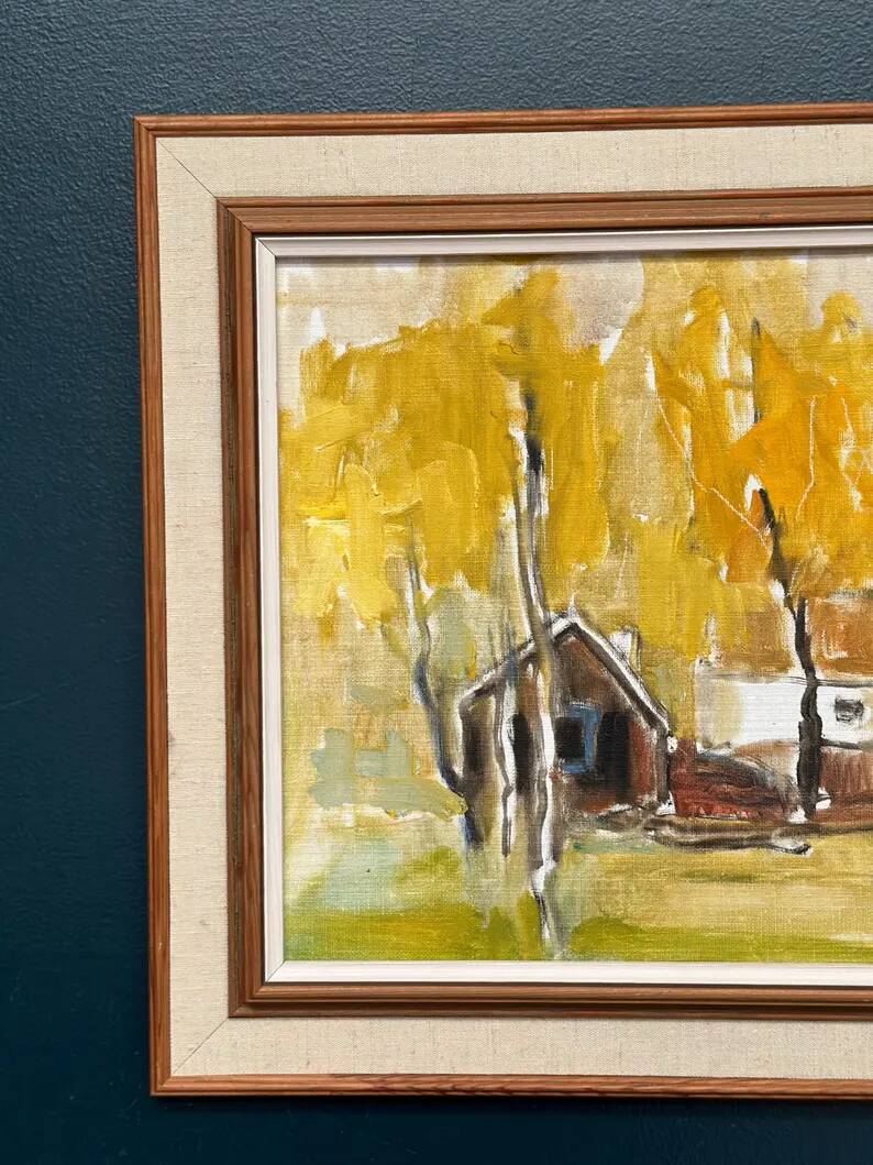 Original Swedish Oil on Canvas – "Houses and Trees in Autumn" by Pia H. Campbell