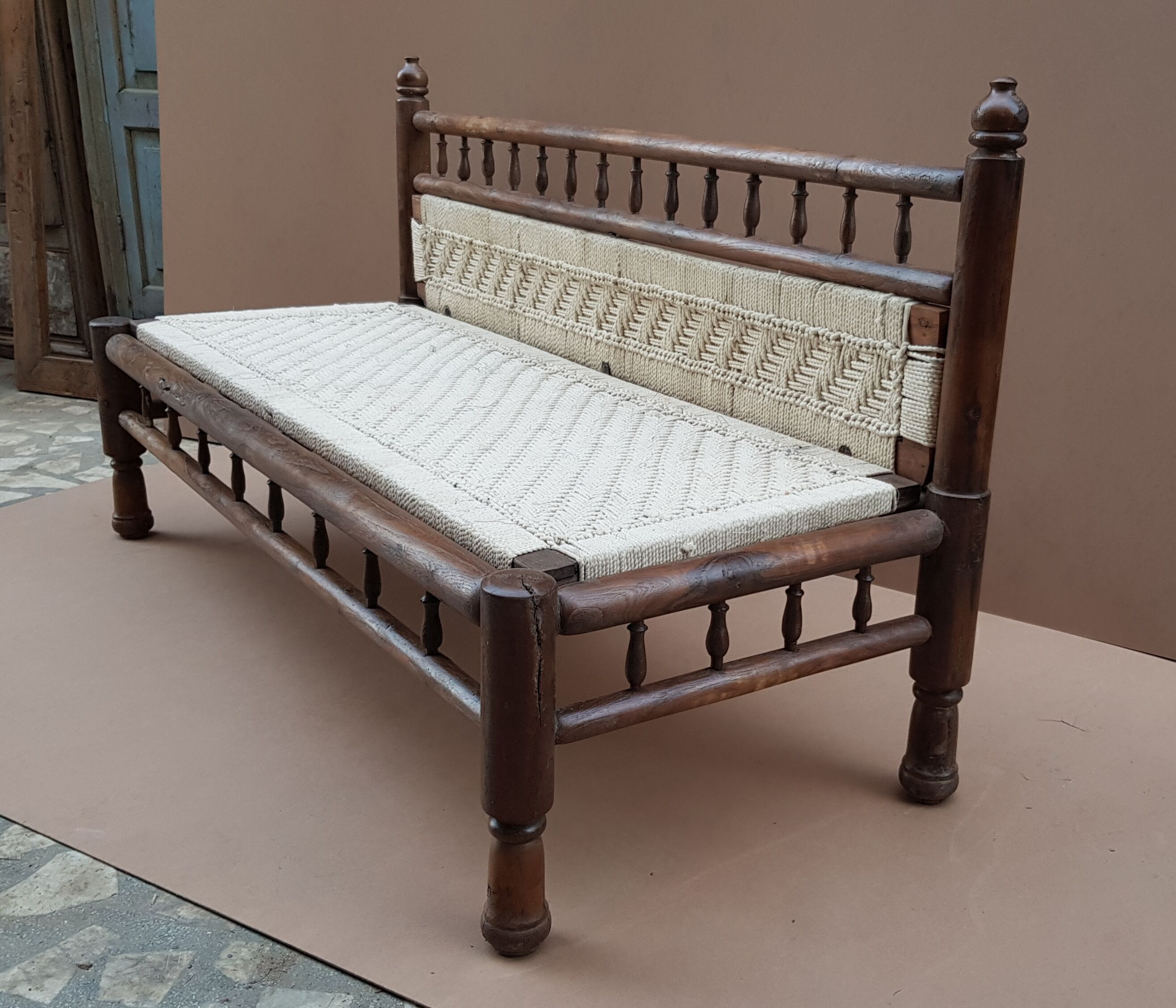 Natural burmese teak sofa and braided cotton seat & backsplash