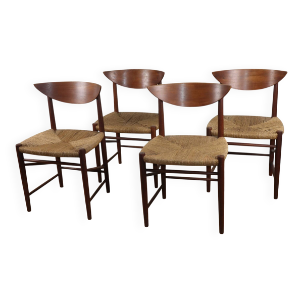 Série de 4 chaises scandinave Peter Hvidt – teck & corde - Années 60