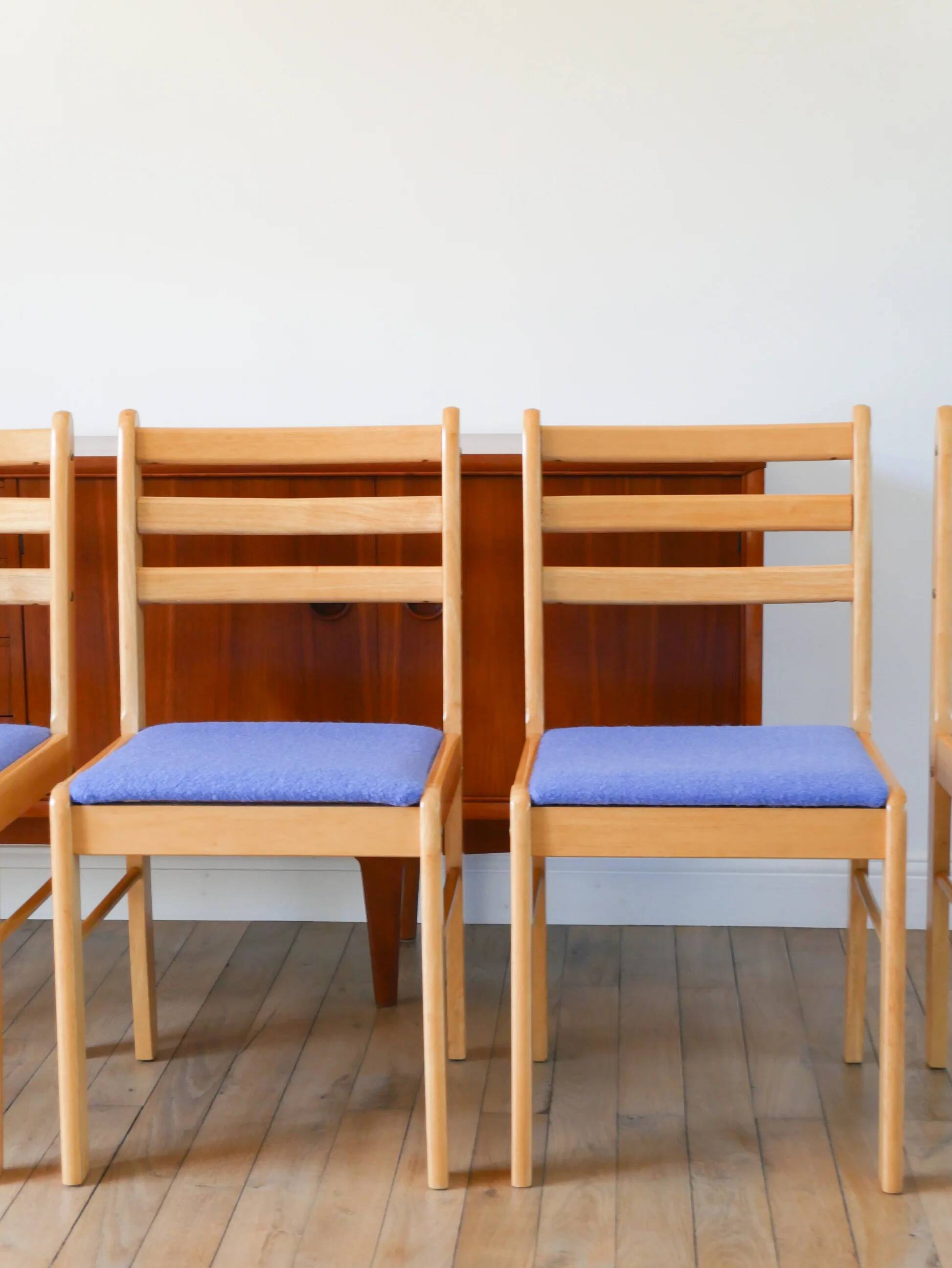 Set of 4 solid pine chairs, reupholstered in ocean blue wool, 1980.