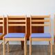 Set of 4 solid pine chairs, reupholstered in ocean blue wool, 1980.