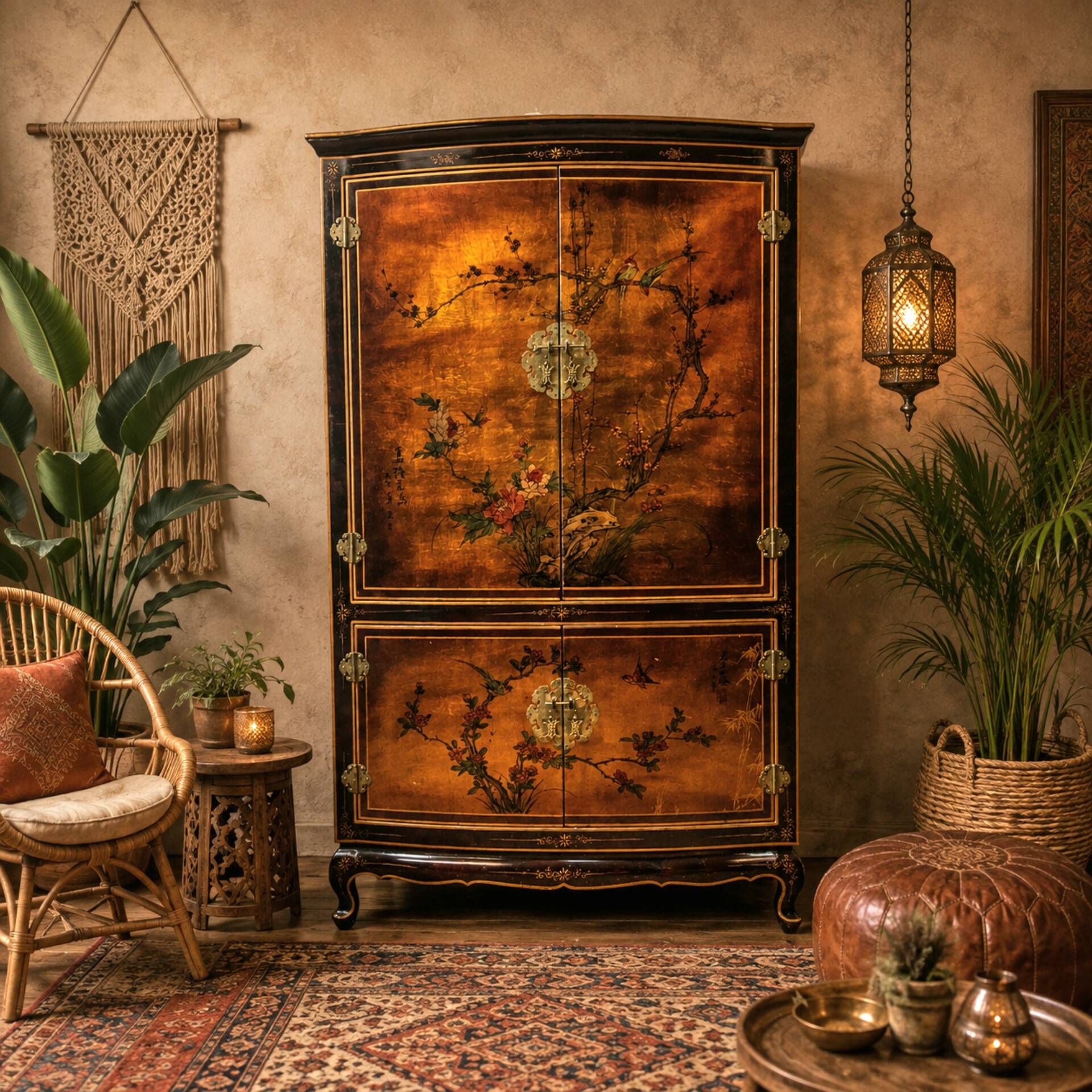 Cabinet chinois vintage avec feuille d'or, fleurs et oiseaux / bohème