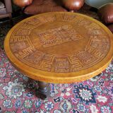 Circular coffee table with tooled leather top by Angel Pazmino for Muebles de Estilo, Ecuador 1970s