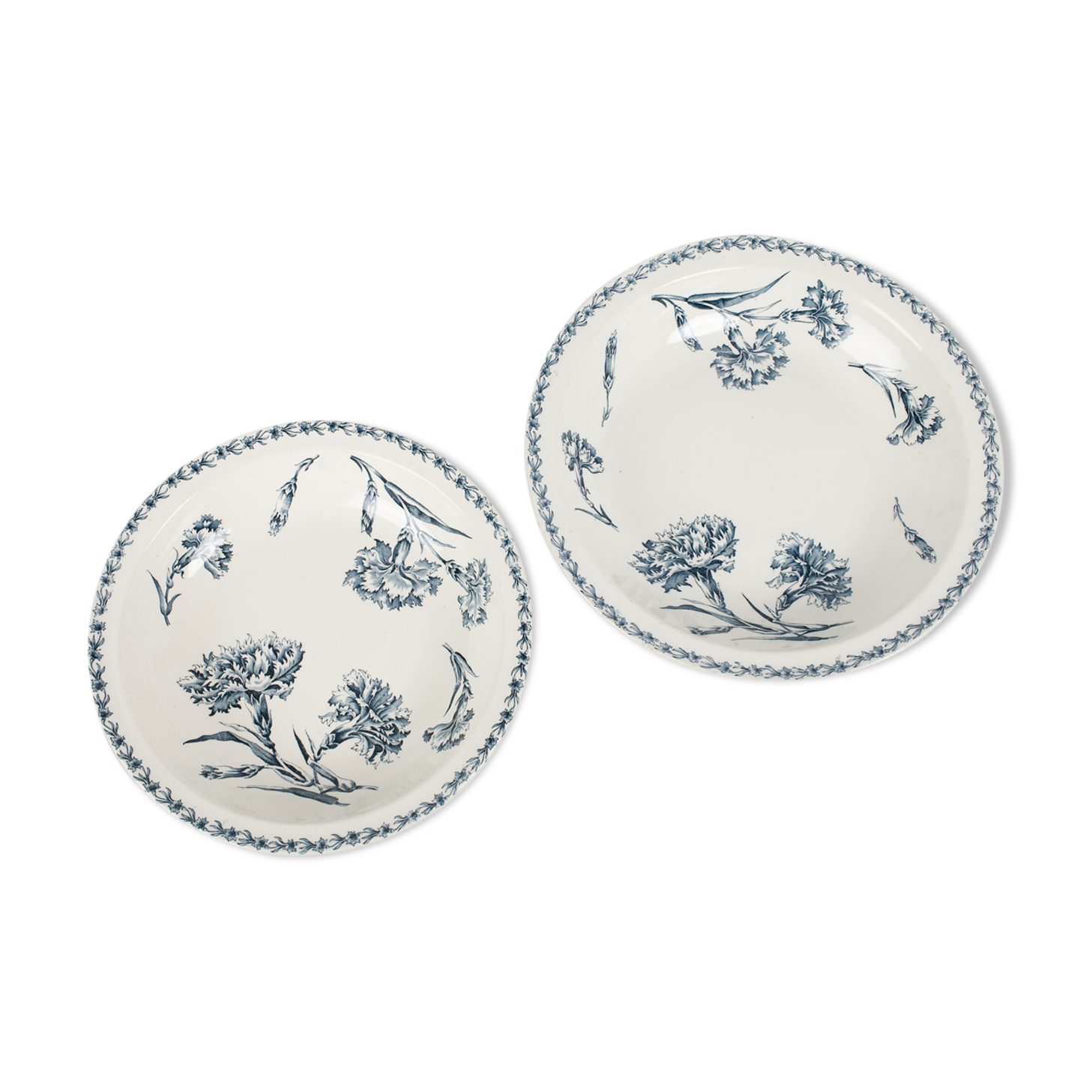 2 large round dishes of service, vegetable. Lunéville K & G model Œillets. French Antique