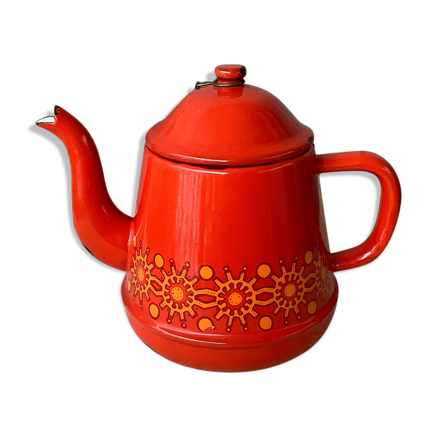 Vintage red enamelled tin teapot