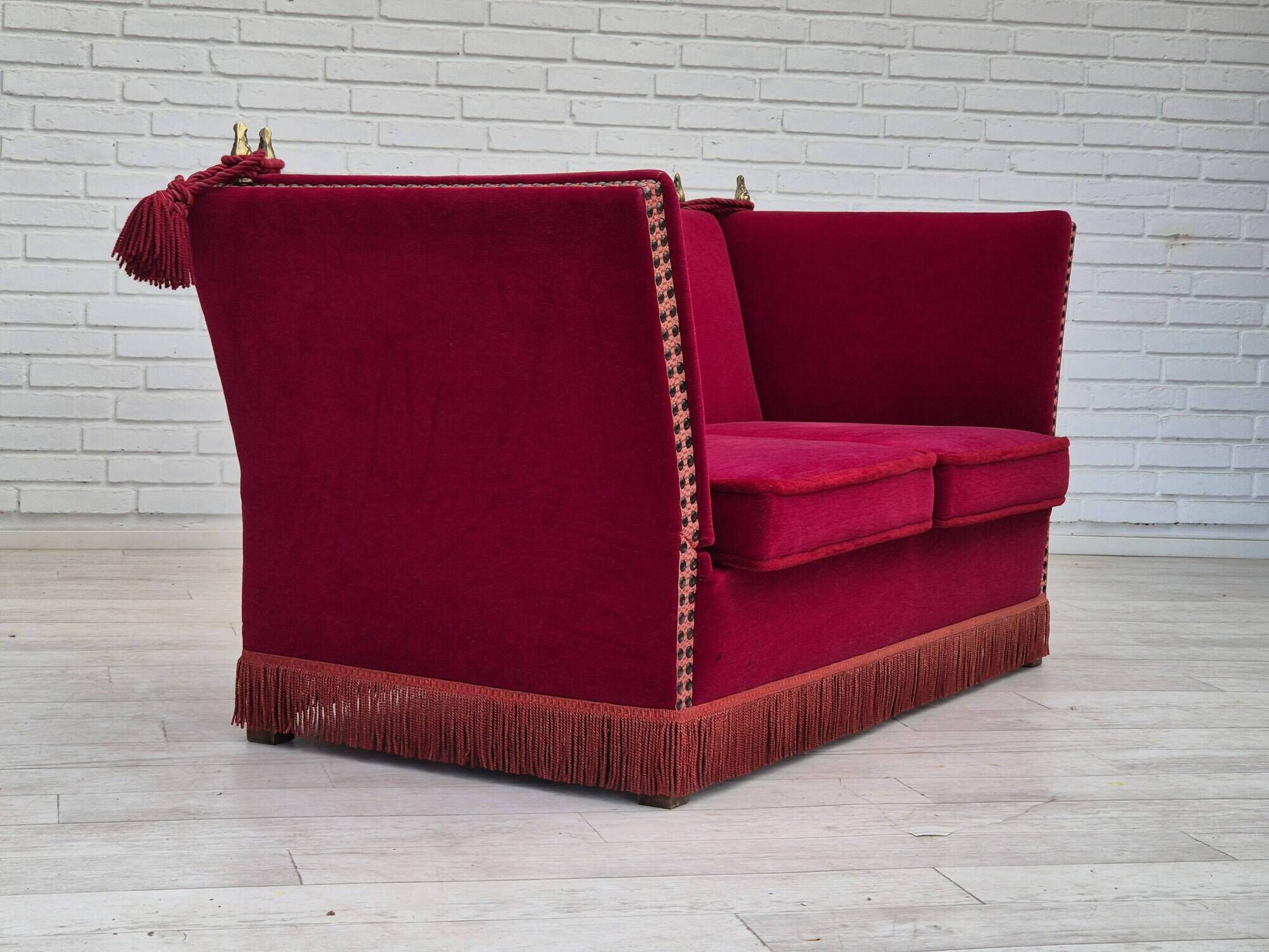 1970s, Danish drop arm "Spanish" sofa, original condition, cherry red furniture velour.