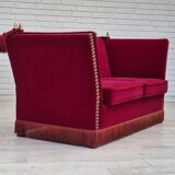 1970s, Danish drop arm "Spanish" sofa, original condition, cherry red furniture velour.