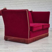 1970s, Danish drop arm "Spanish" sofa, original condition, cherry red furniture velour.