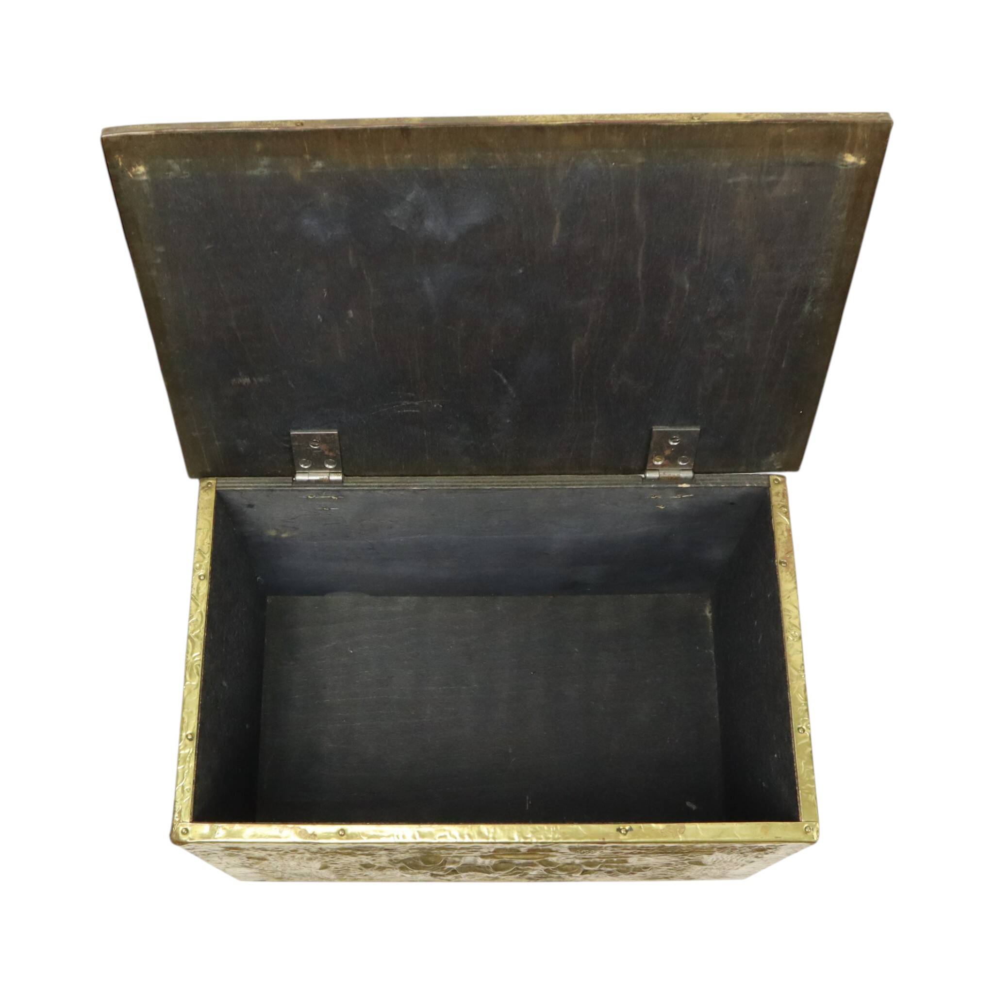 Large Repoussé Chest Coal Fireplace Brass Wood Early 20th Century