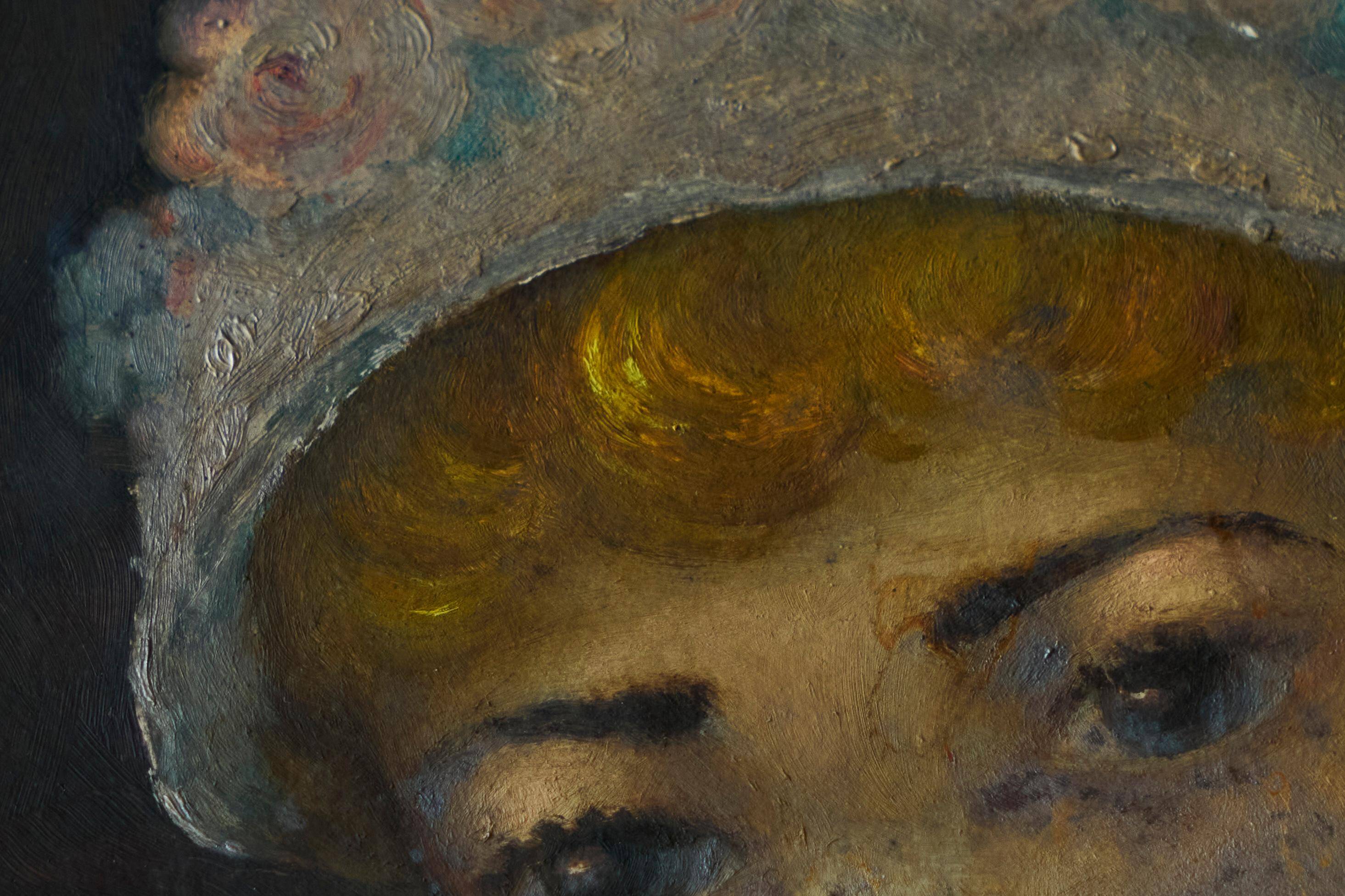 Oil portrait of a woman with a floral bonnet, Belgium, 1920s.