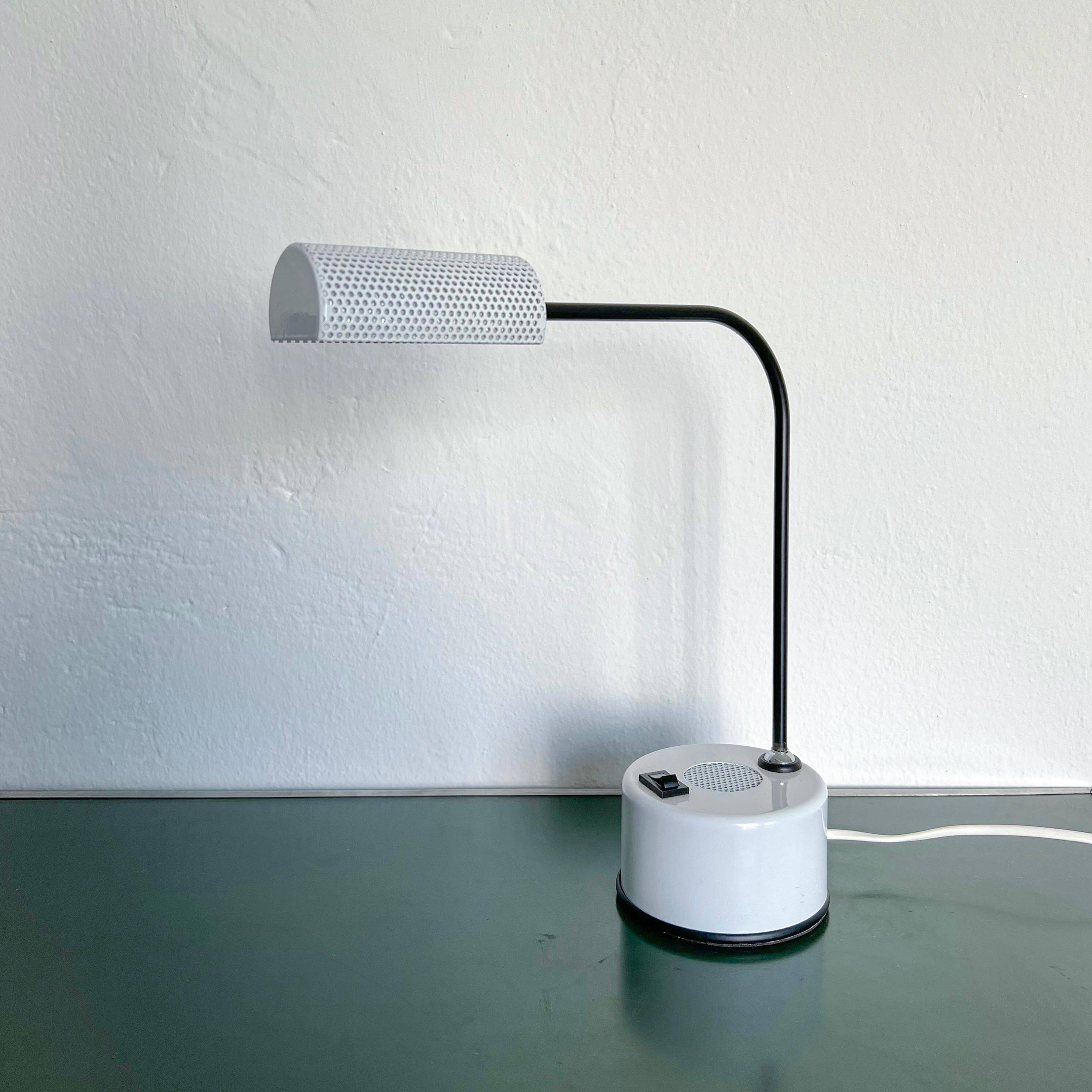 Vintage Italian Memphis Era Desk Lamp in White Perforated Metal, Orientable Arm