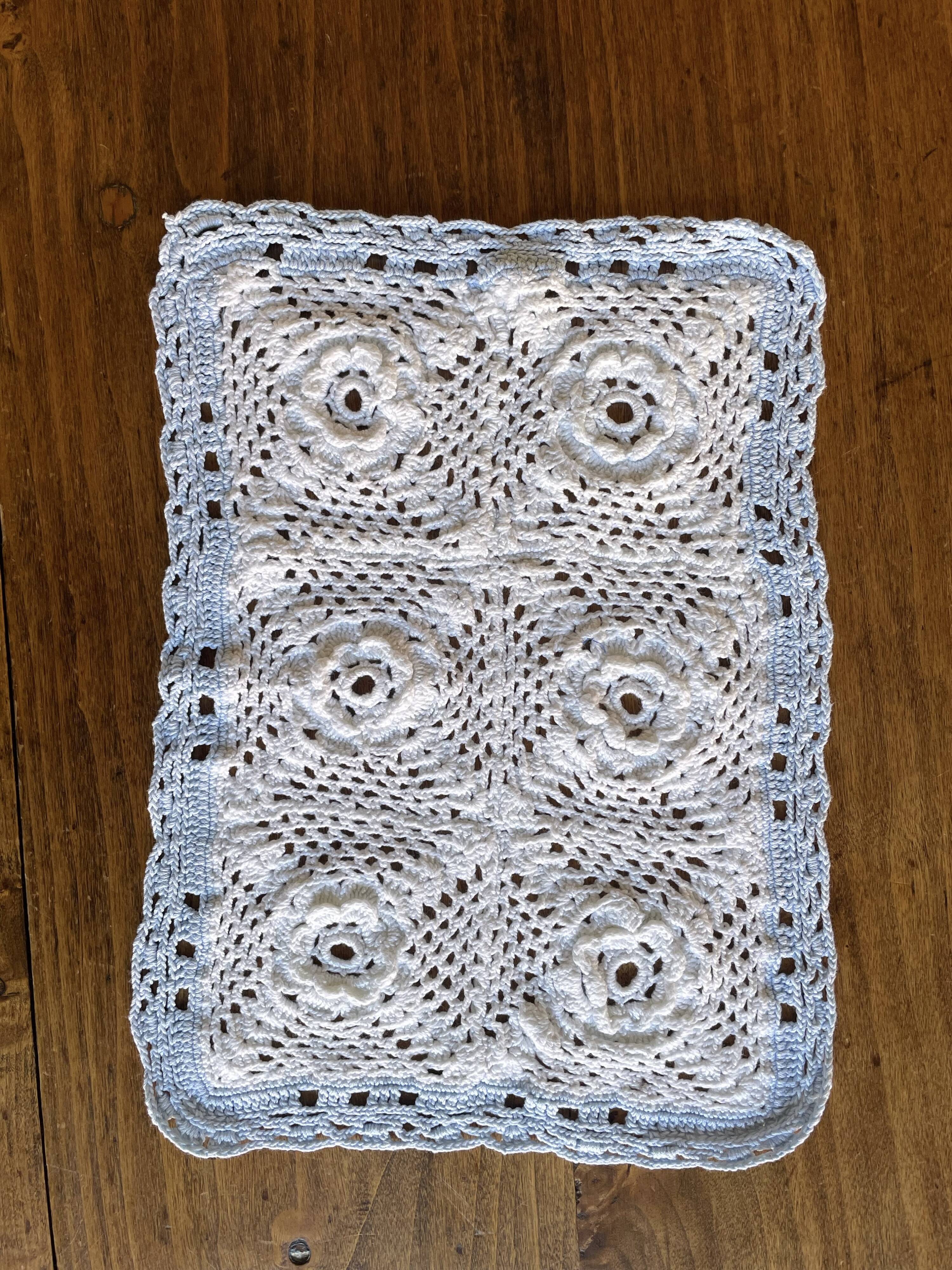 Set of 2 vintage crochet placemats - white, pink and blue