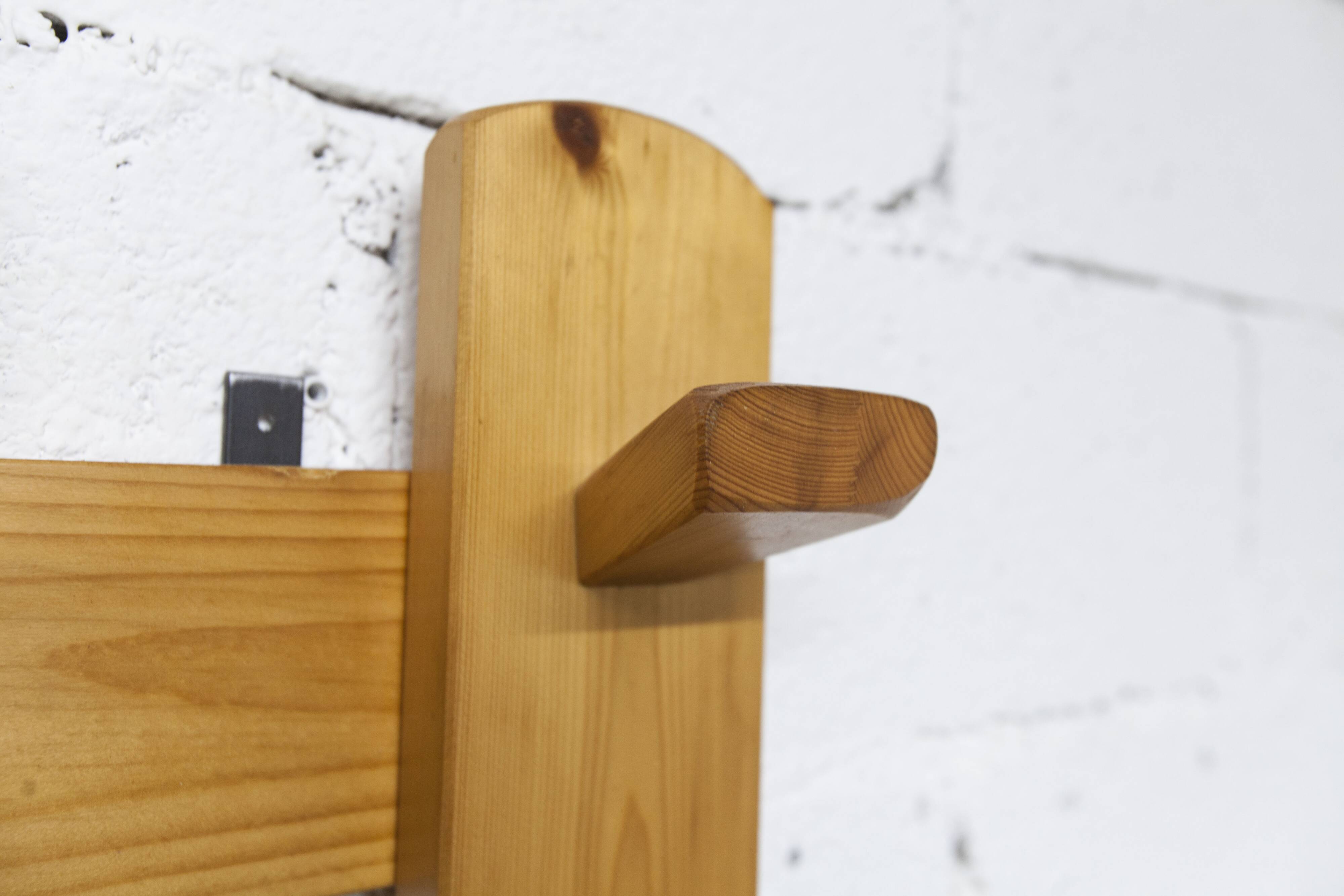 Wall-mounted coat rack, mountain style, pine, honey colour, 1970.