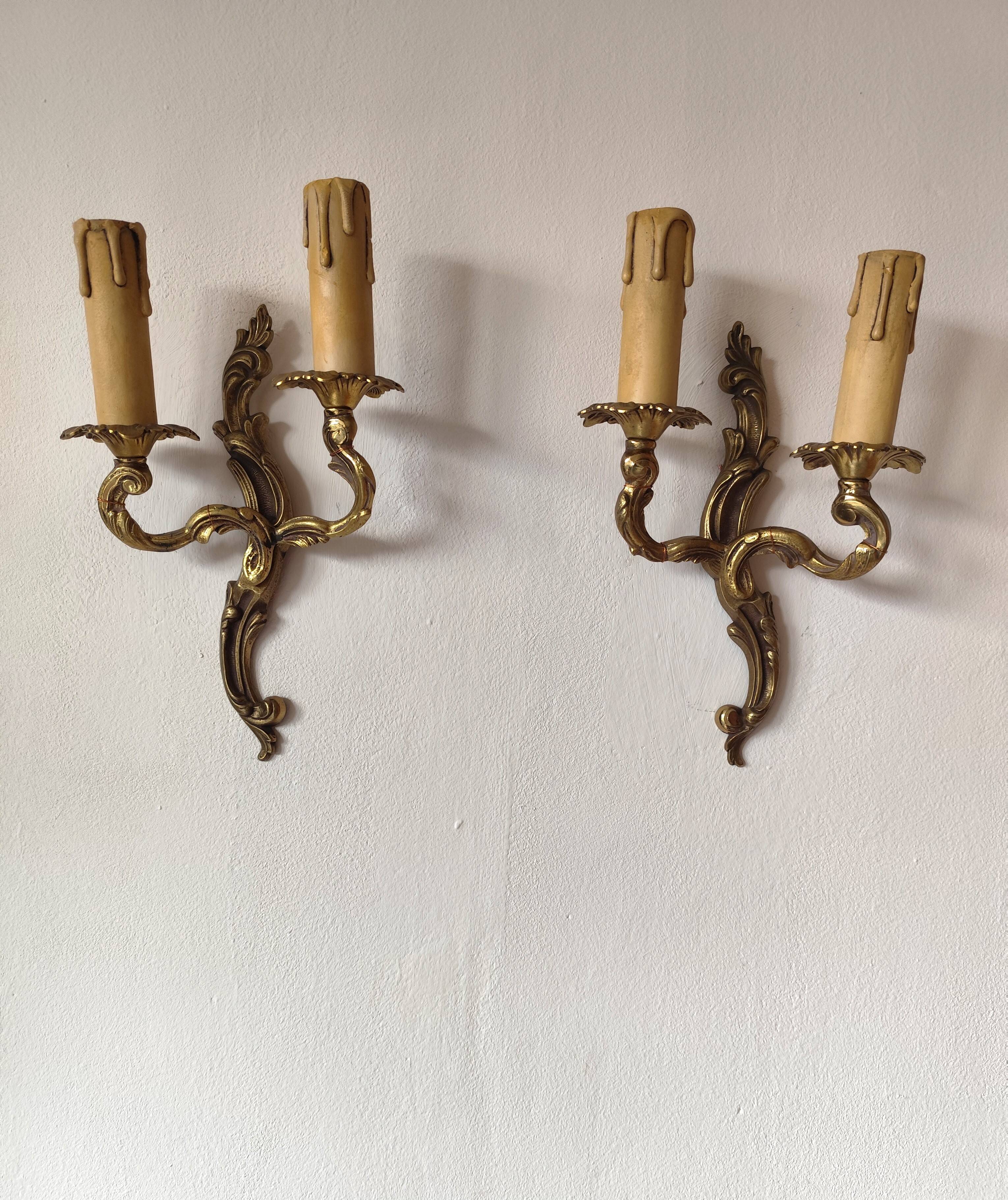 Pair of 19th century Louis XV style gilt bronze wall lights with 2 branches