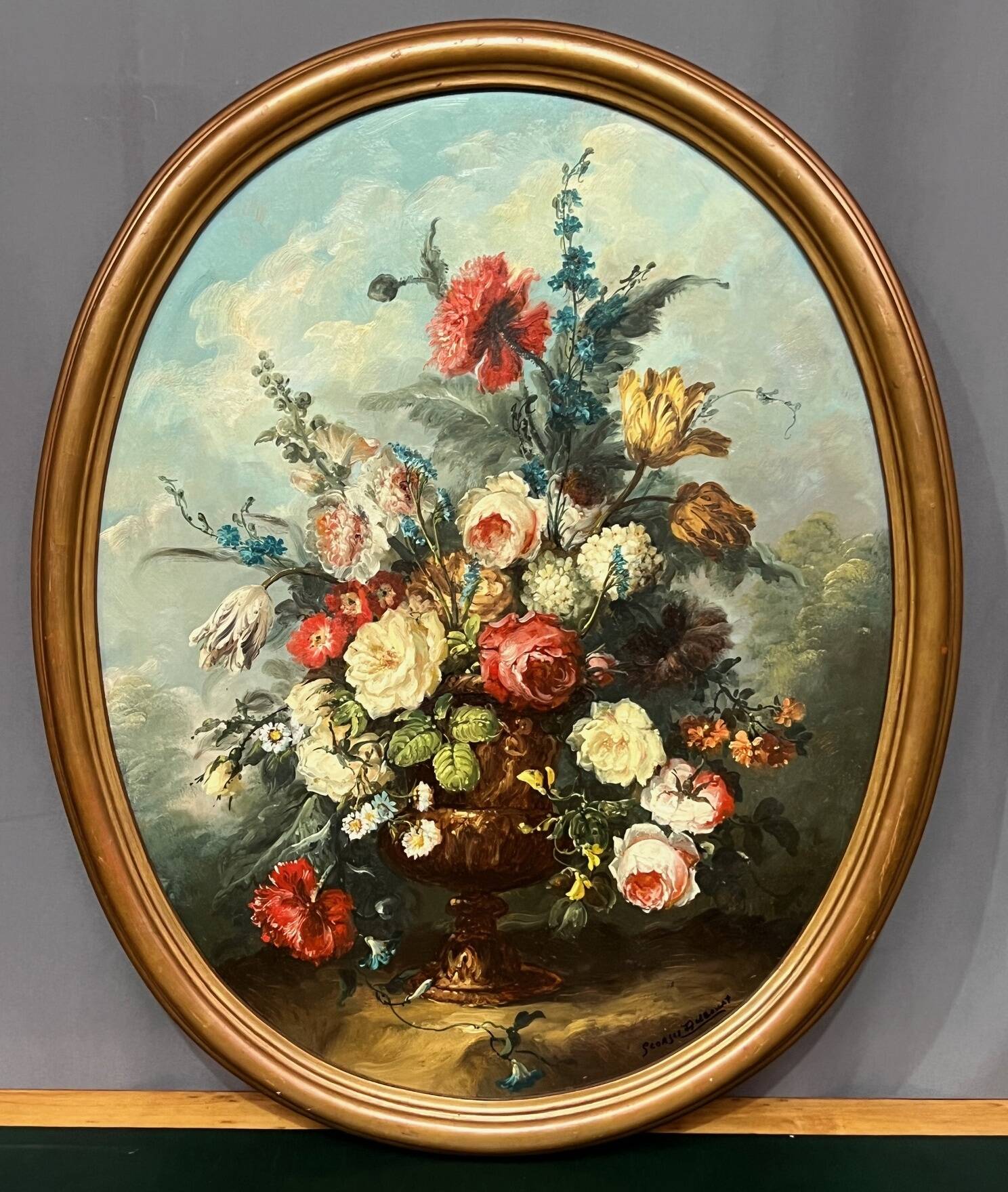 Georges Delcourt. Antique still life signed with flowers. Oil on canvas and panel.