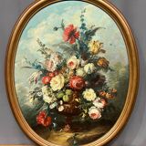 Georges Delcourt. Antique still life signed with flowers. Oil on canvas and panel.