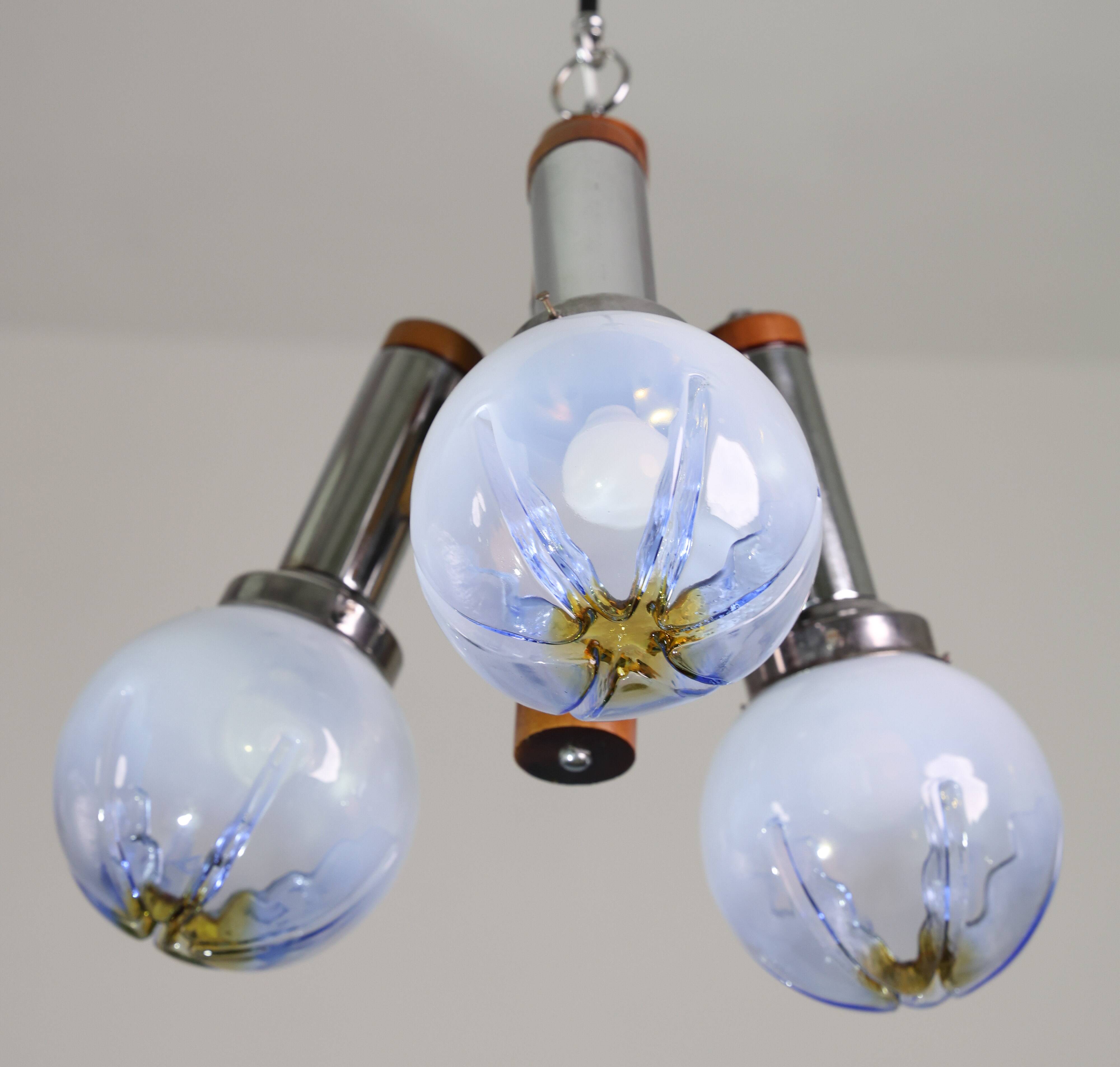 Chandelier en verre de Murano turquoise bleu à 3 lumières de style italien des années 50 par Mazzega