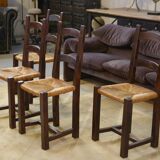 Set of 4 chairs in elm and straw by Aranjou 1950s