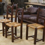 Set of 4 chairs in elm and straw by Aranjou 1950s