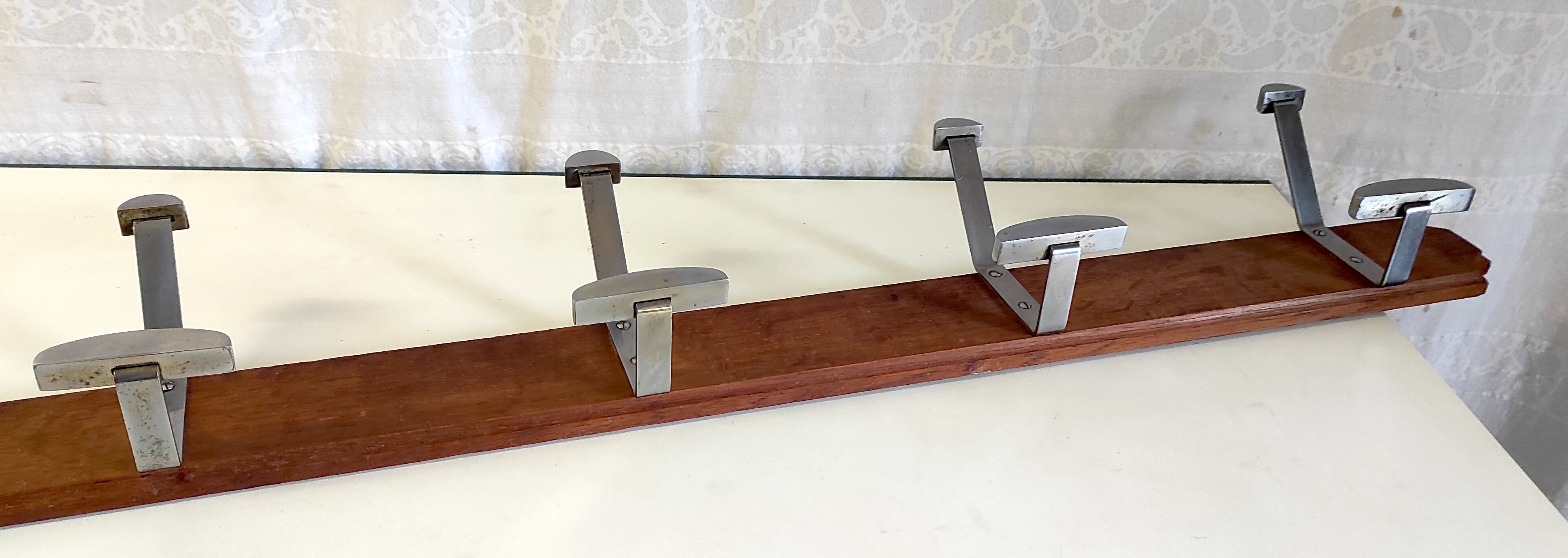 Wooden wall coat rack and chrome hooks – 60s