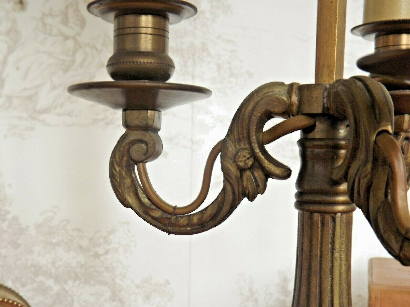 French empire style brass bouillotte table lamp green crackle effect shade