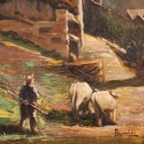 Tableau signé paysage avec berger du 20ème siècle