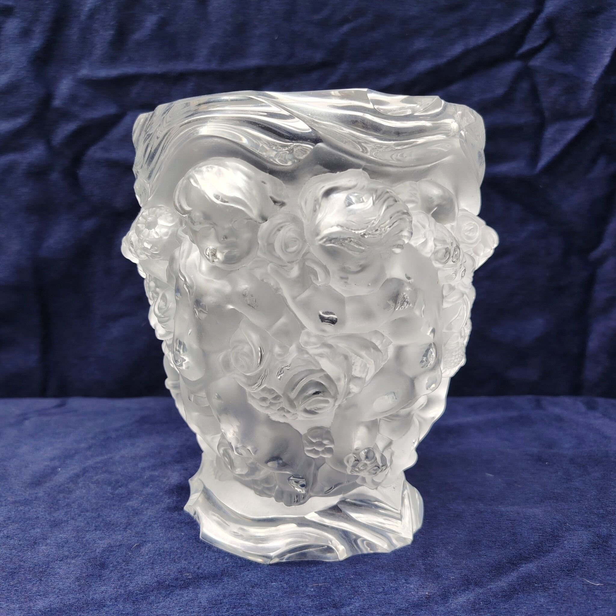 Frosted glass vase, decorated with cherubs and flowers, vintage.