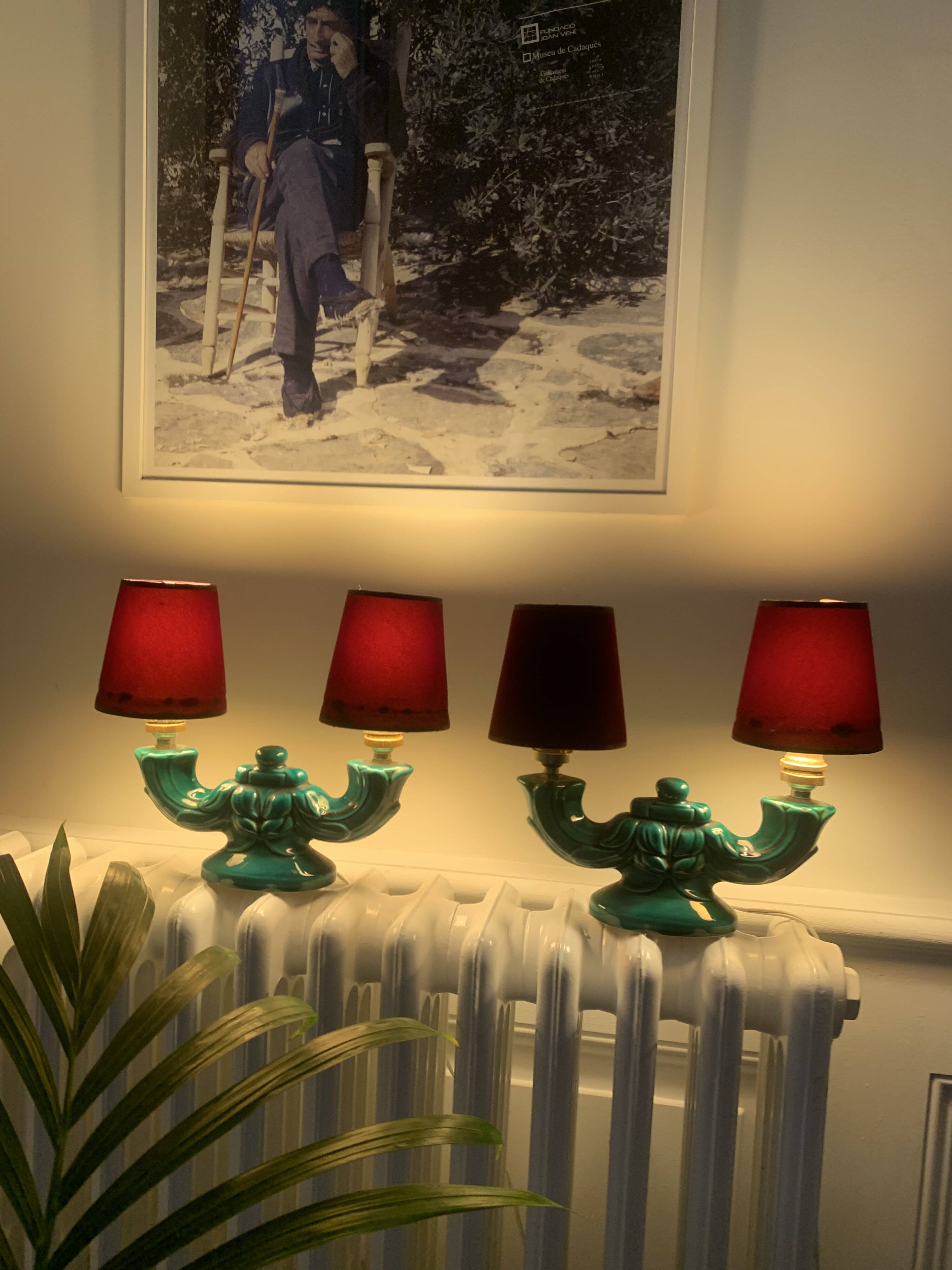 Pair of ceramic lamps with two arms of light, 1940s