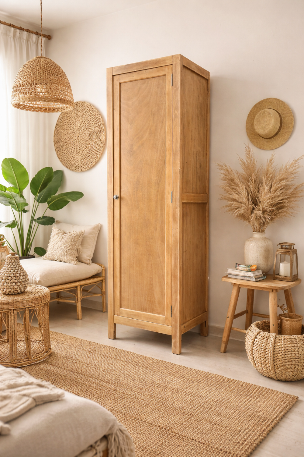 Parisian bonnetière wardrobe in raw wood, 1950.