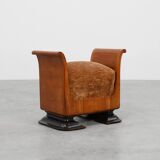 Art Deco Walnut Stool with Original velvet Upholstery, Italy ca. 1920