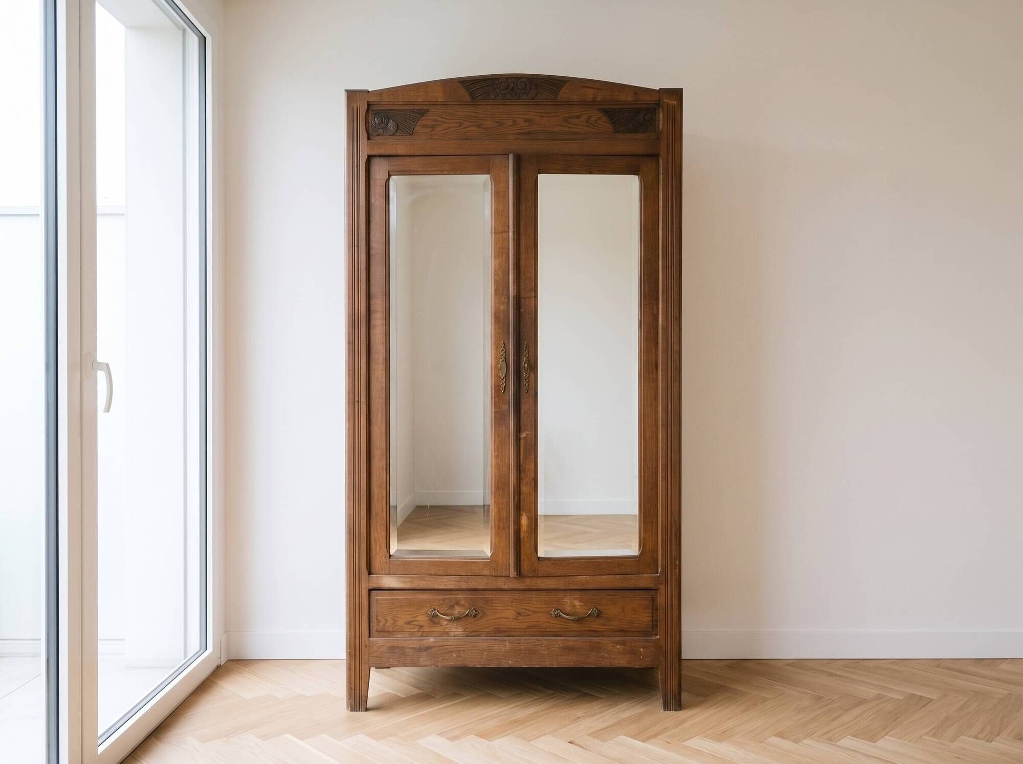 Art Deco wardrobe in solid oak with mirrors