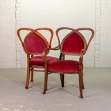 Red Velvet Heartshaped Wooden Vintage Design Side Chairs. Set of 2. 1950s