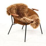 Cocktail chair, steel, leather, fur, teak. Vintage, Denmark, anonymous