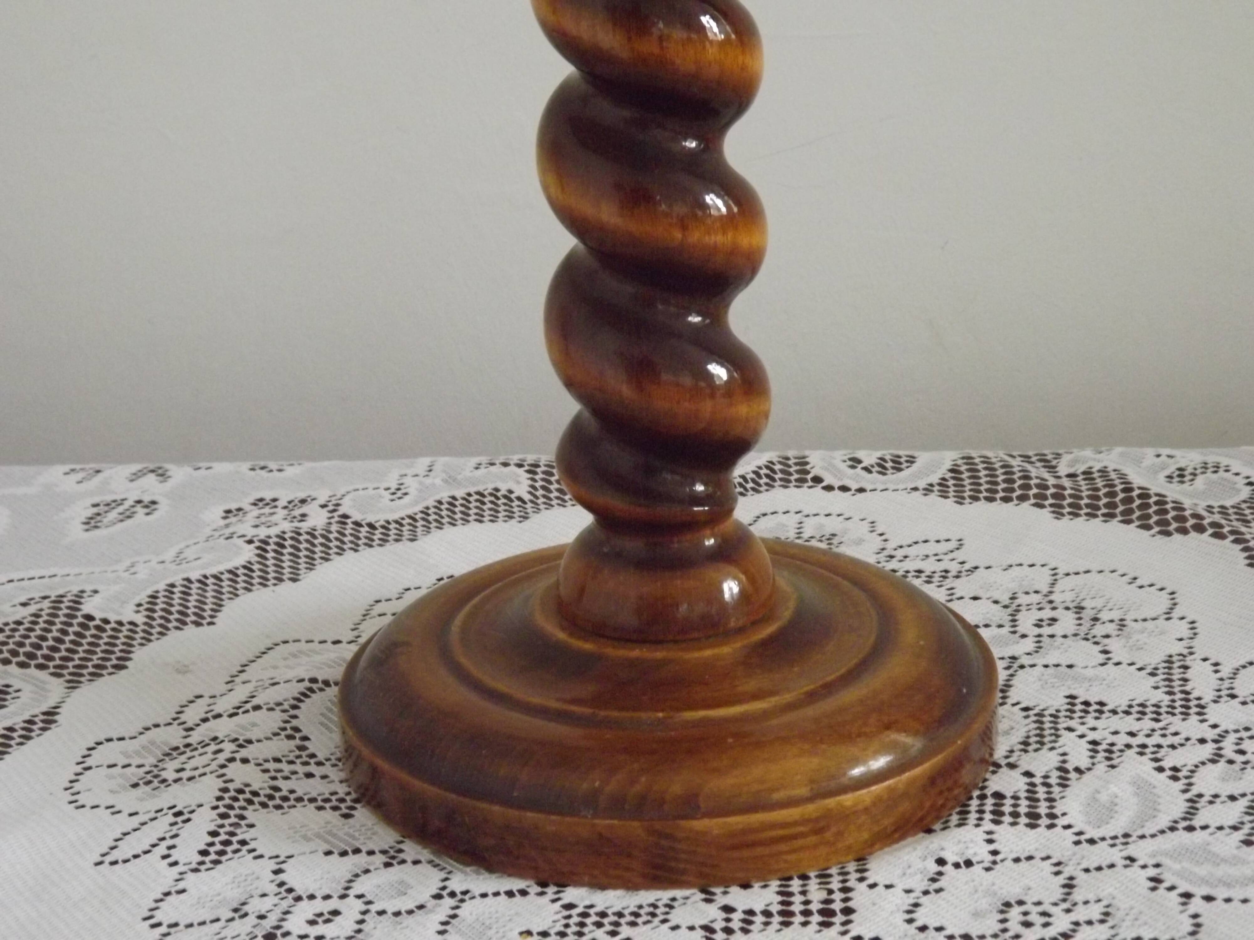 French Vintage Round Wooden Barley Twist Table Lamp With Floral Shade