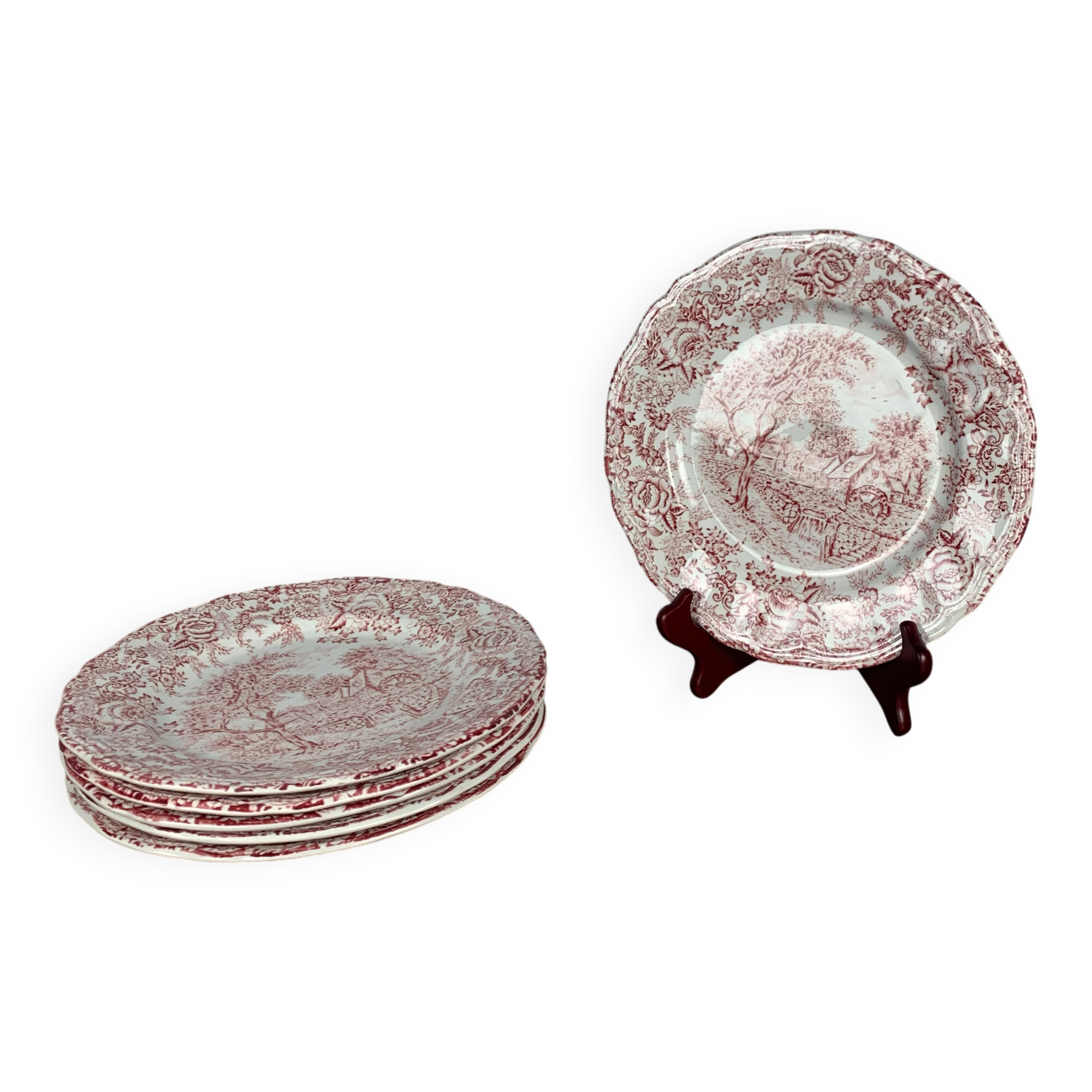 Set of 6 English flat plates, red tones