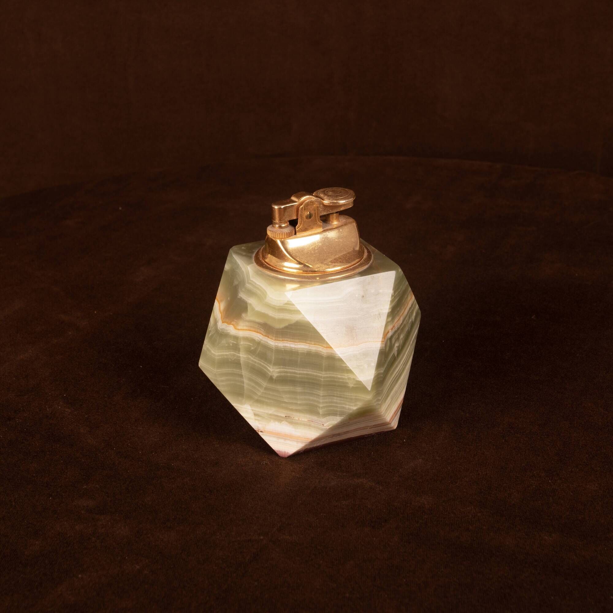 Italian Geometric Green Onyx and Brass Table Lighter, 1970