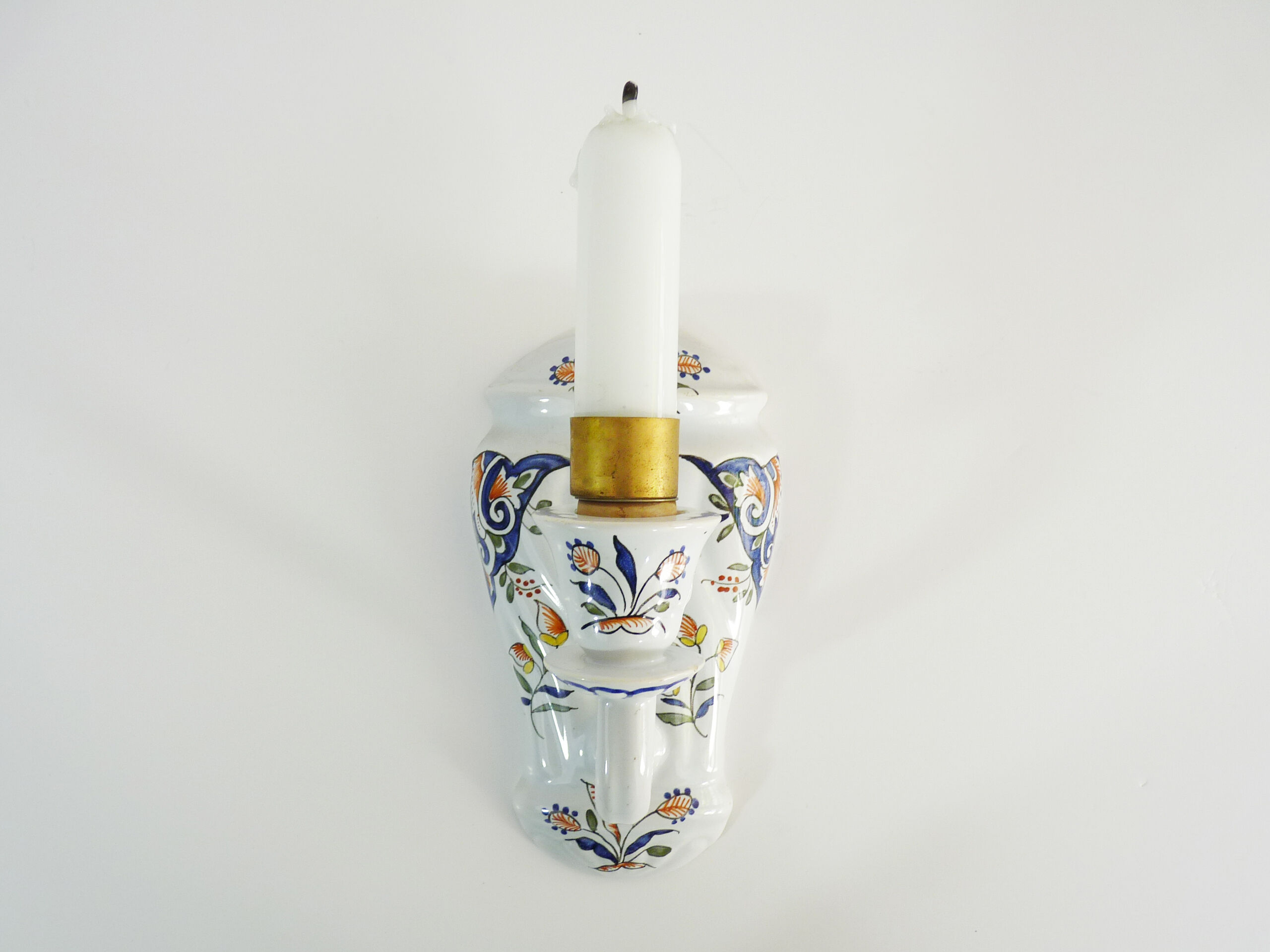 Vintage wall applique in Rouen style earthenware, glass candle