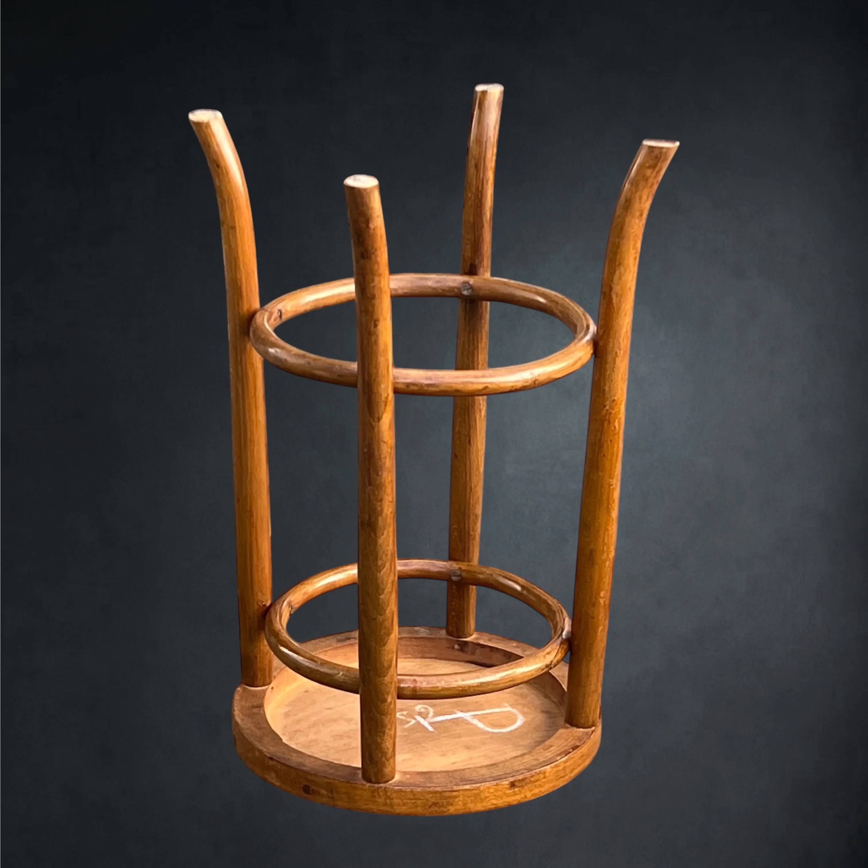Antique high bistro stool in curved wood with a floral decorated top, Thonet style – around 1900