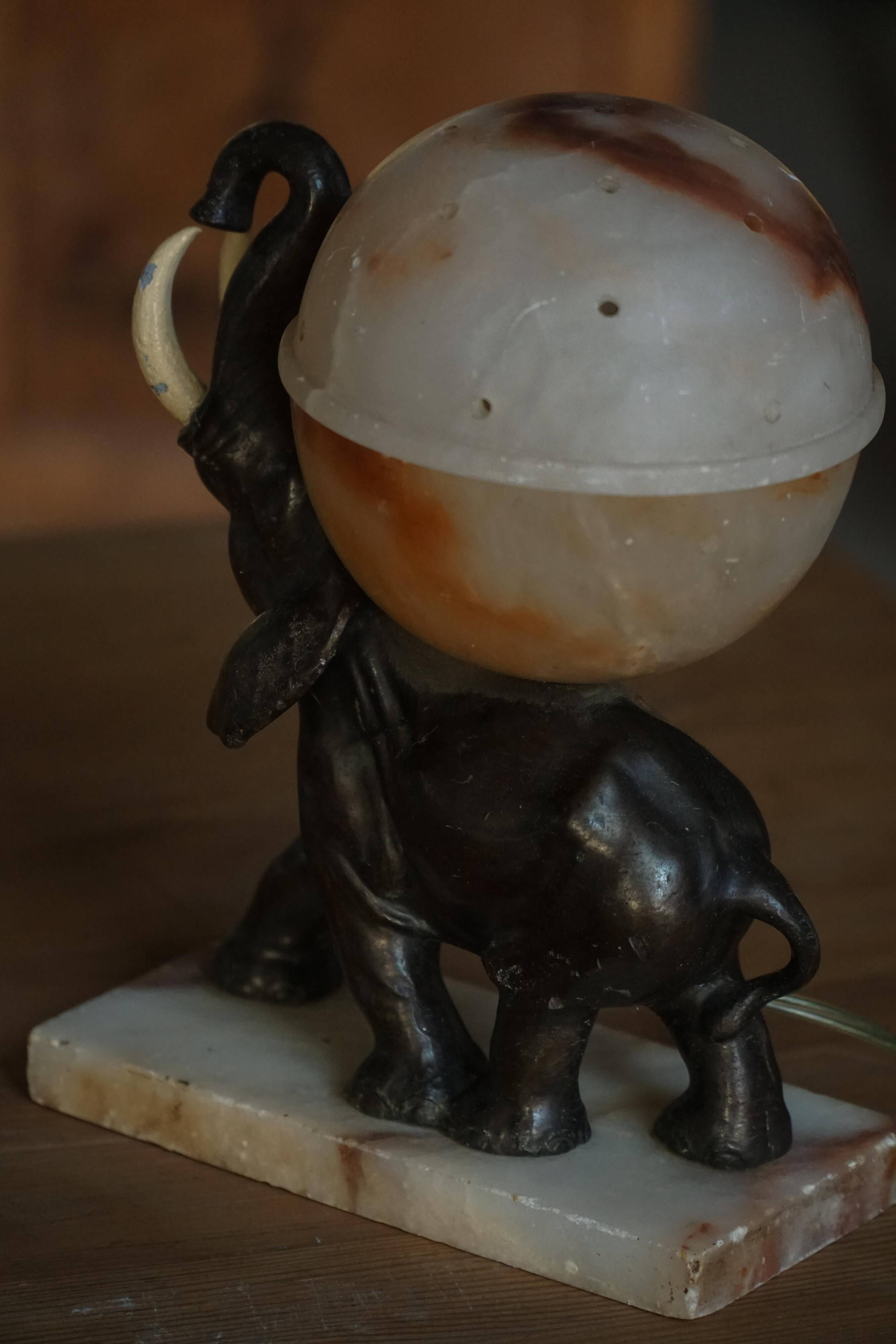 Art Deco Table Lamp, Elephant with Alabaster Globe, Early 20th Century, 1930s