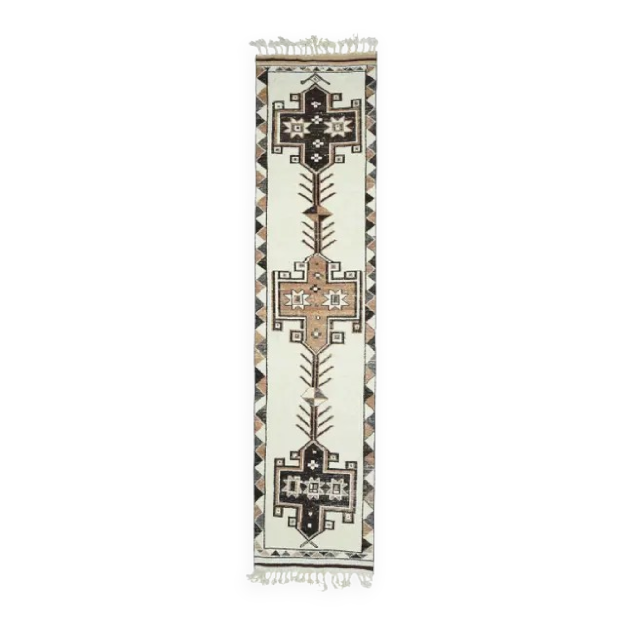 1970s Vintage Turkish Hand-Knotted Wool Cotton White Runner Rug 90x395