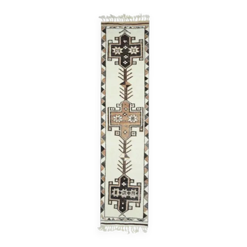 1970s Vintage Turkish Hand-Knotted Wool Cotton White Runner Rug 90x395