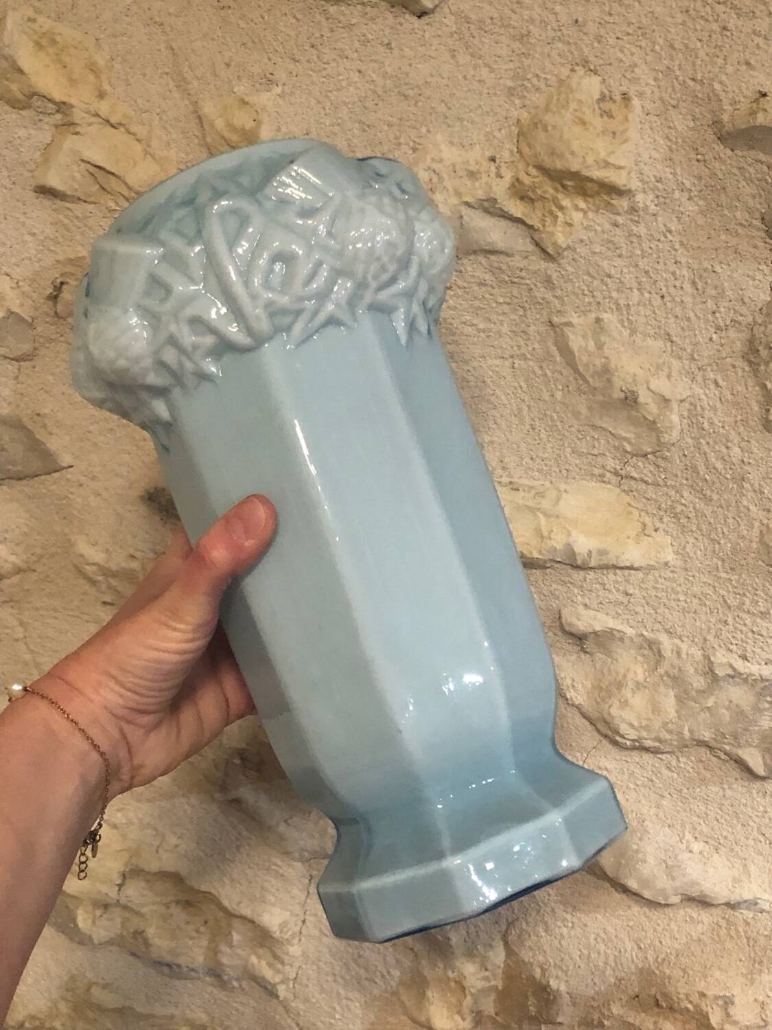 2 Antique blue opaline Art Nouveau vases with thistle motifs
