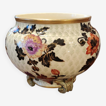 Old large Lunéville flower pot with Japanese floral decor