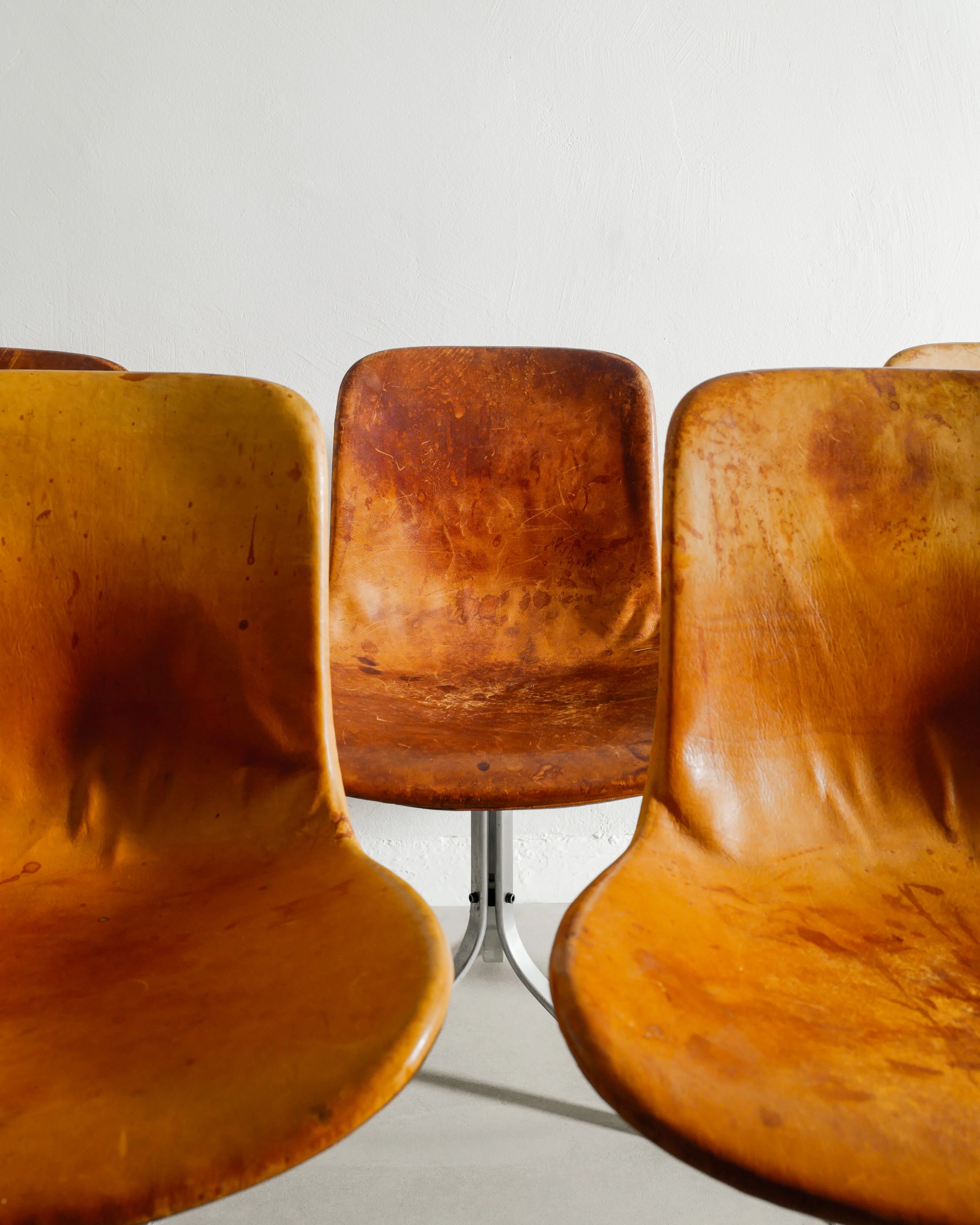 Set of Six Vintage Poul Kjaerholm PK-9 Dining Chairs Brown Leather, 1960s