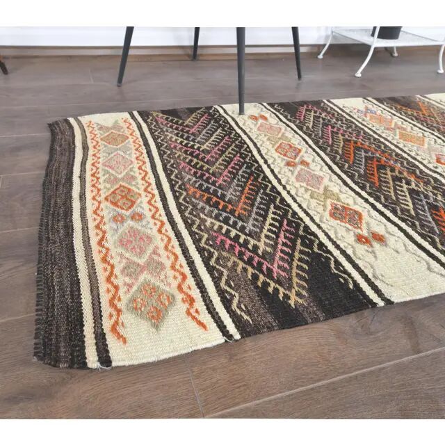 1970s Vintage Turkish Runner Handwoven Wool Flatweave Kilim Rug 84x266