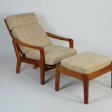 Fauteuil danois en teck à dossier haut J. Kristensen + ottomane années 70